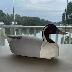 Vintage Hand Carved Hand painted Wooden Duck Decoy - Black/White/Grey/Blue